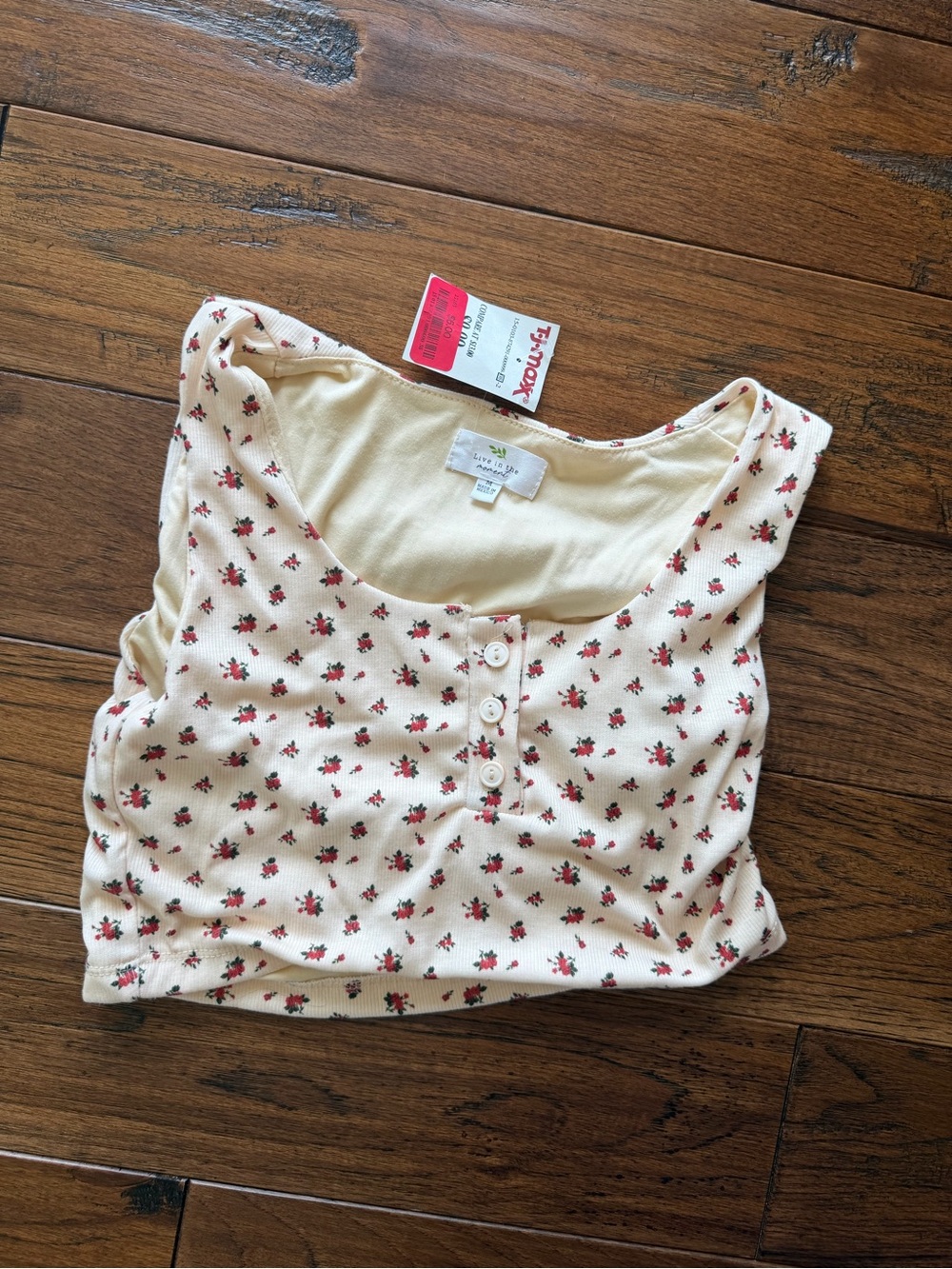 Floral Henley Ribbed Crop Tank Top - Cream with Red Floral